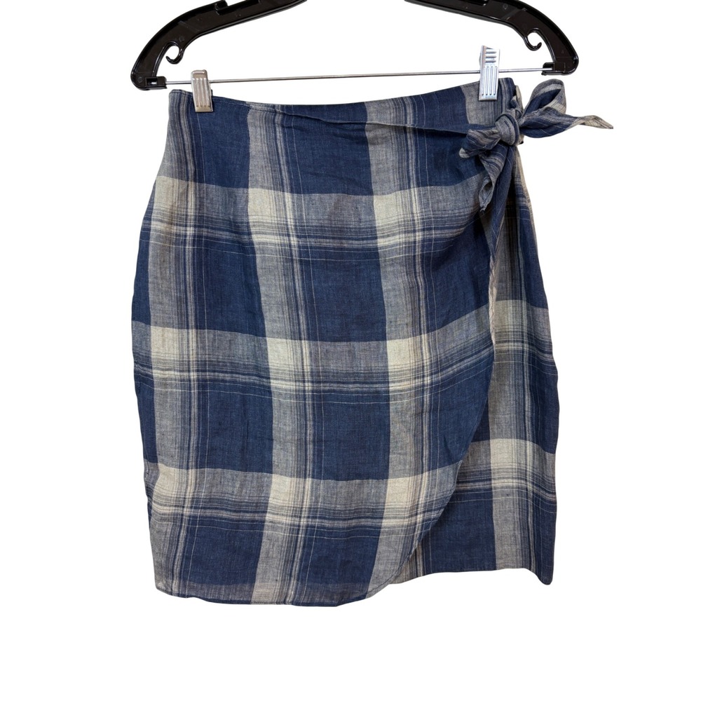 vtg 90svJones New York Petite Blue‎ Plaid Linen Wrap Skirt Size 6P Side Tie Mini